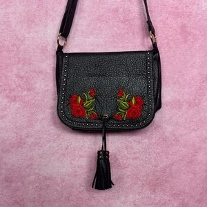 256. LD Black Crossbody Floral Studded Tassel Bag Adjustable Strap